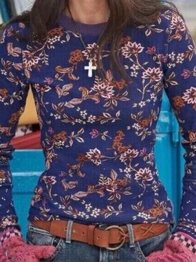 SUNDANCE Floral Loretta Thermal Waffle Knit Top Blue Purple S